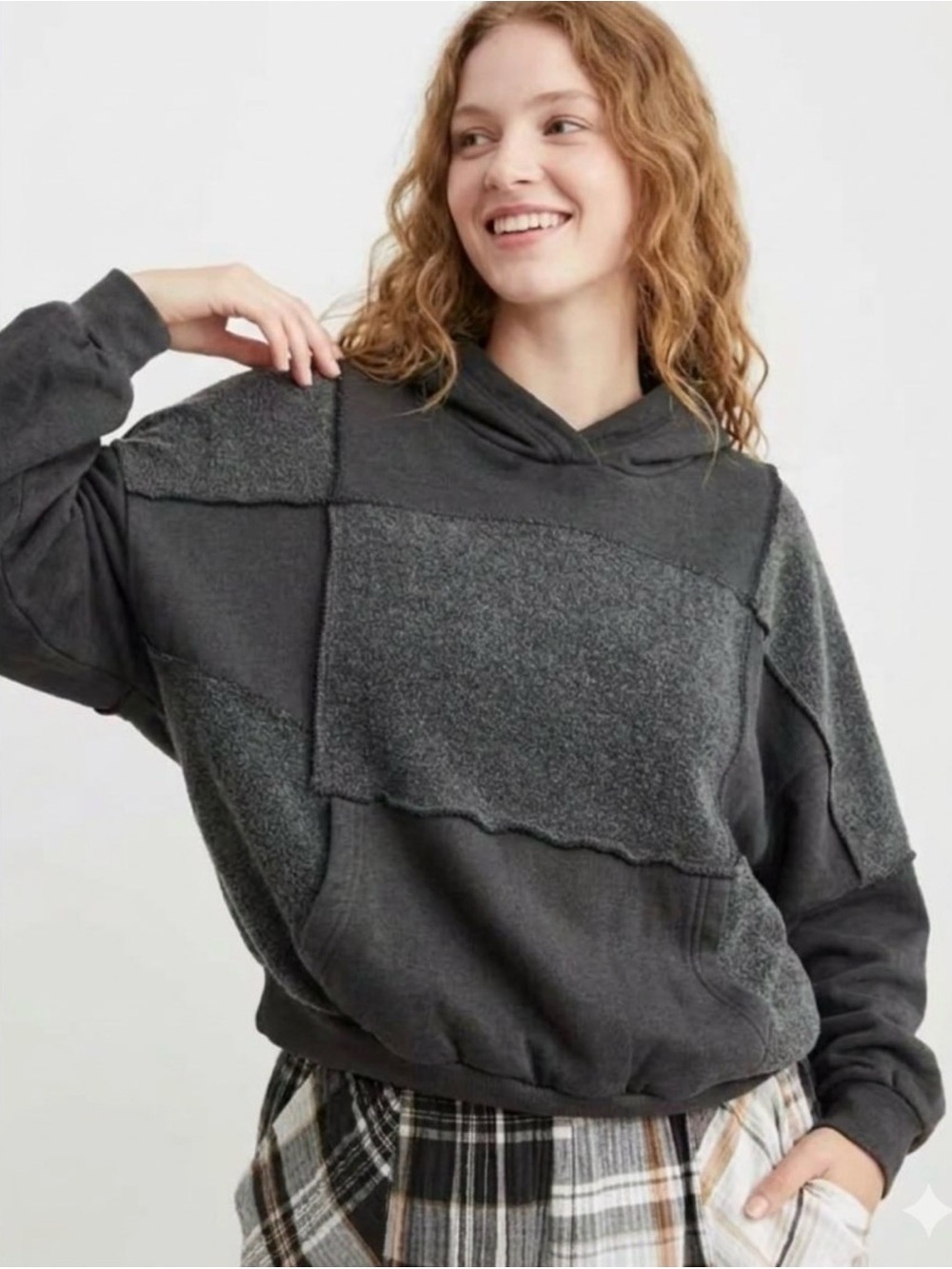 Aerie Patchwork Fleece Pullover Hoodie Black Medium